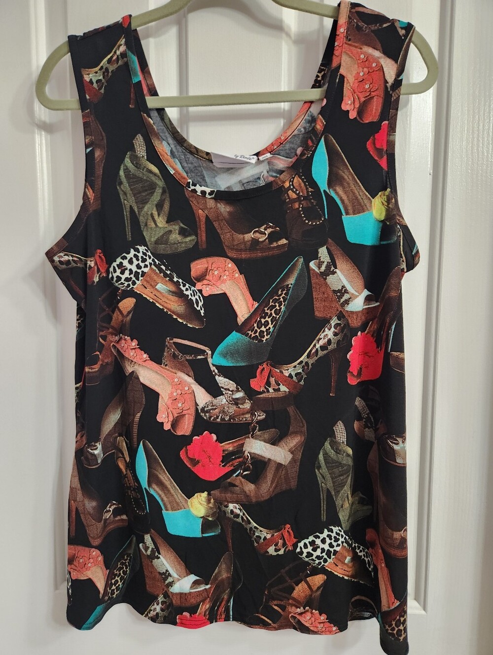 Attitudes by Renee Black Tank Top with Teal, Coral & Brown Shoe Print